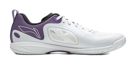 White table tennis shoe with purple collar and side graphic, lace-up
