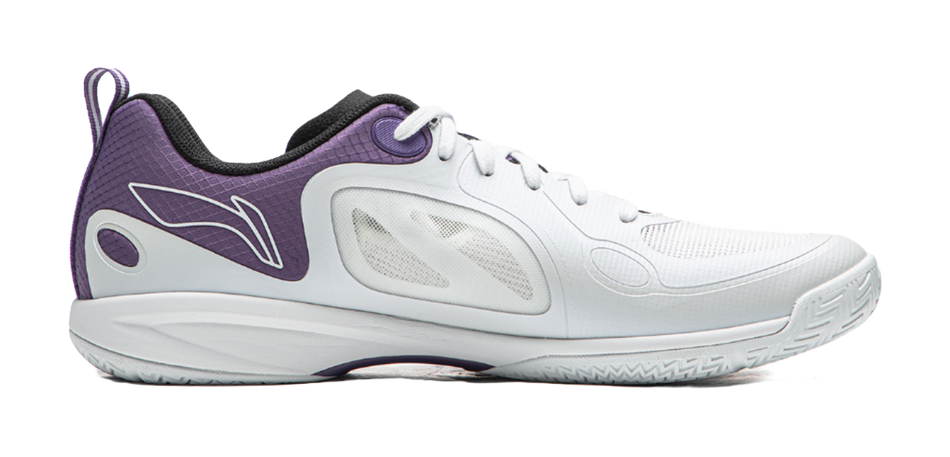 White table tennis shoe with purple collar and side graphic, lace-up