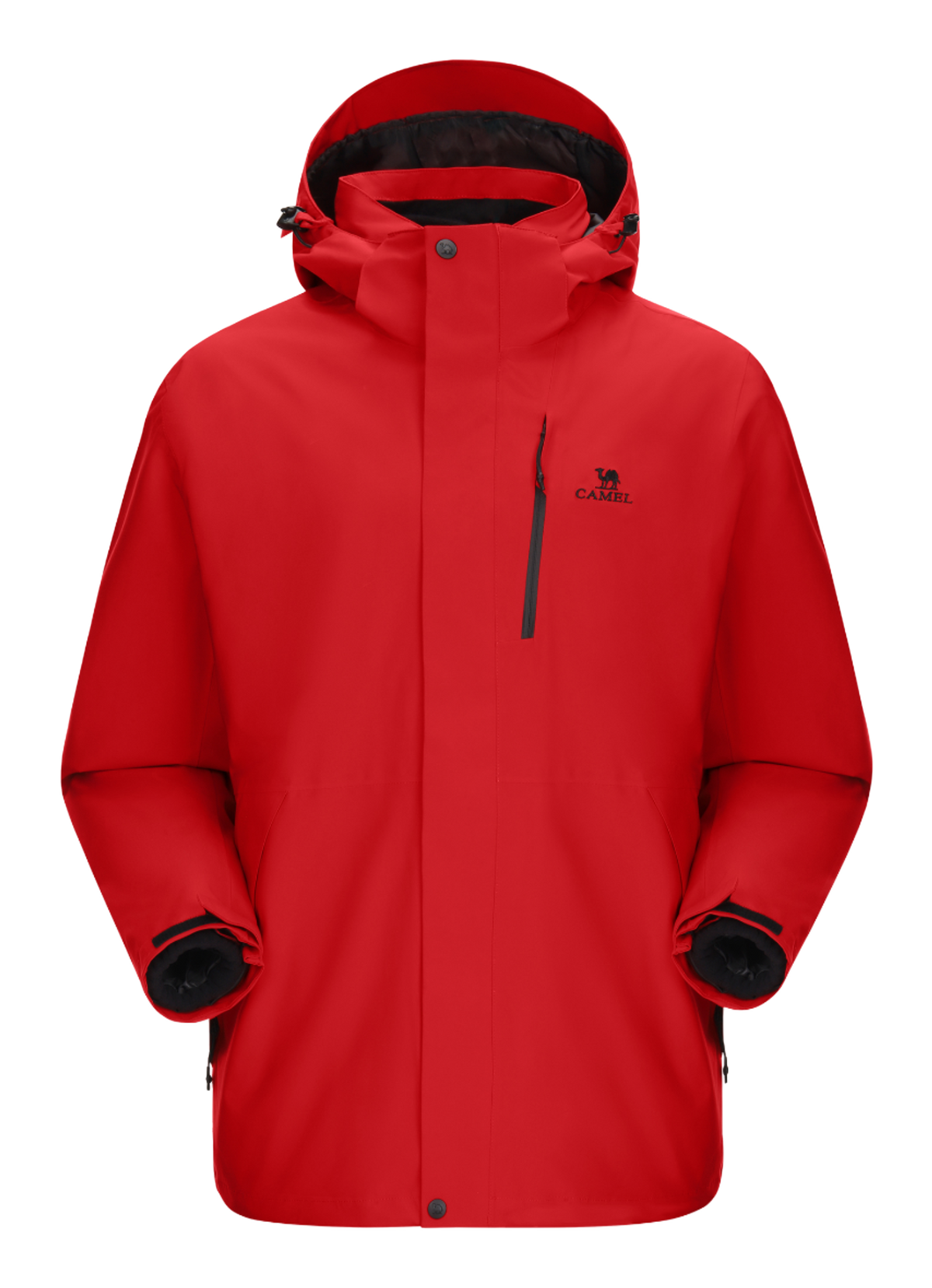 Red waterproof hooded jacket with front zipper and drawstring, long sleeves