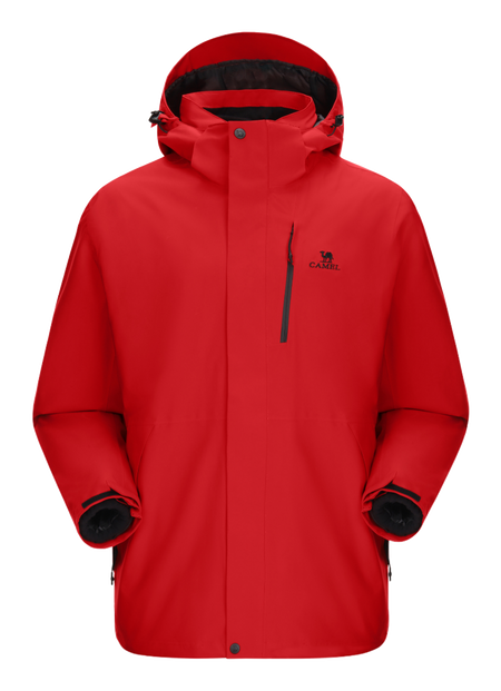 Red waterproof hooded jacket with front zipper and drawstring, long sleeves