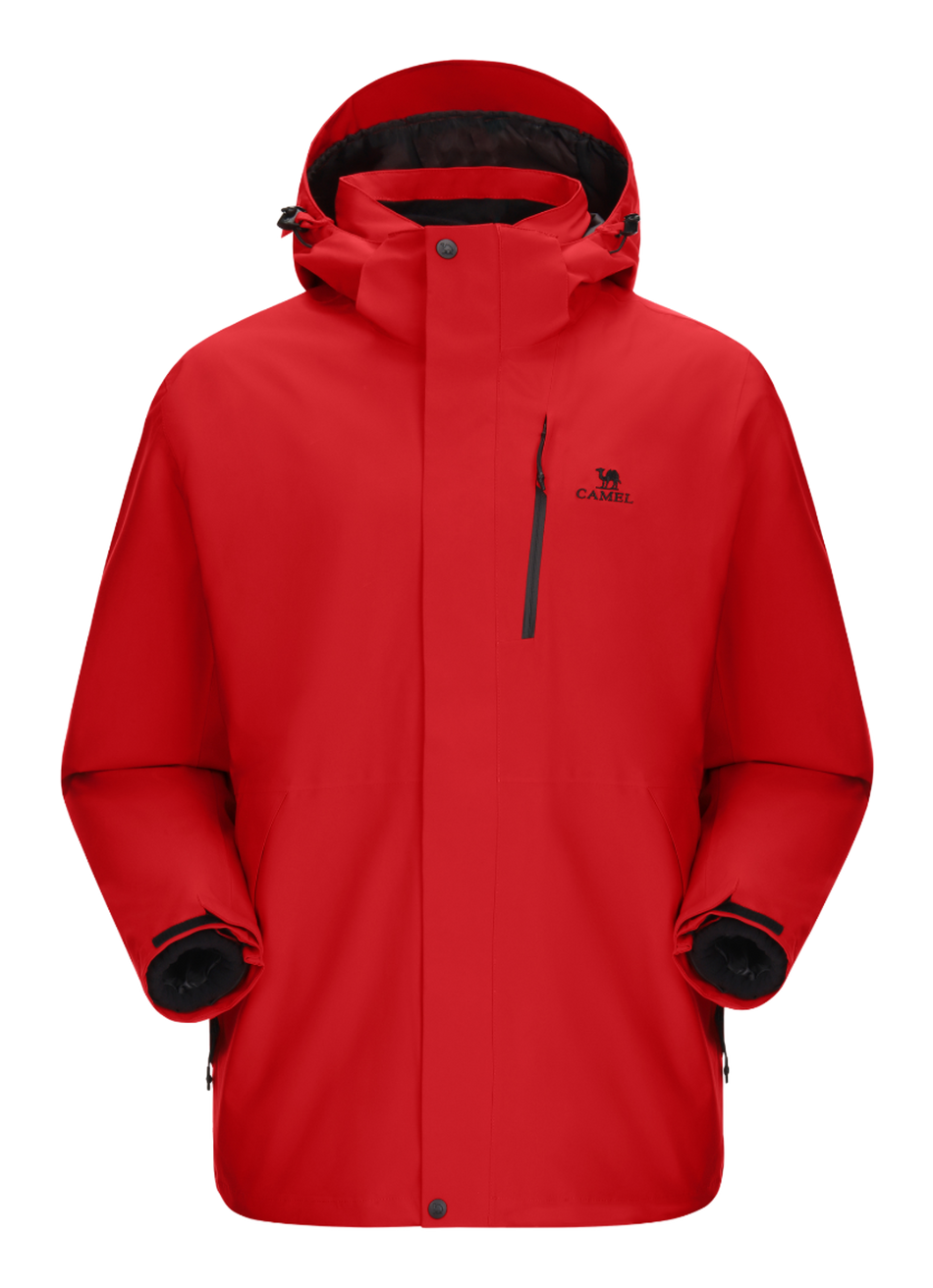 Red waterproof hooded jacket with front zipper and drawstring, long sleeves