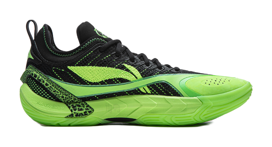 Men's low-top basketball shoes, side view with black upper and bright green outsole.