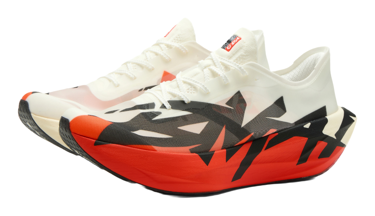 Men's low-top running shoes, white upper with red sole and black graphic details