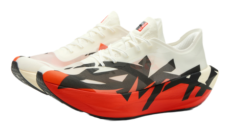 Men's low-top running shoes, white upper with red sole and black graphic details