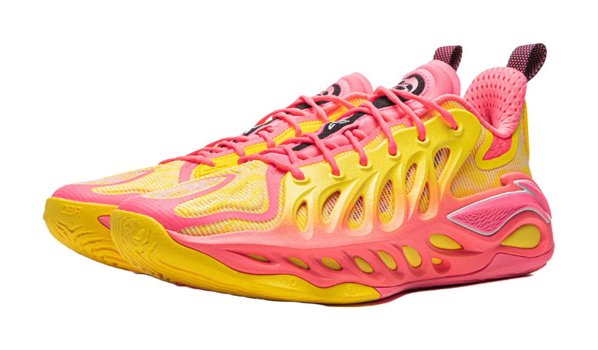 Unisex basketball shoe angled view, yellow-and-pink mesh upper with lace eyelets