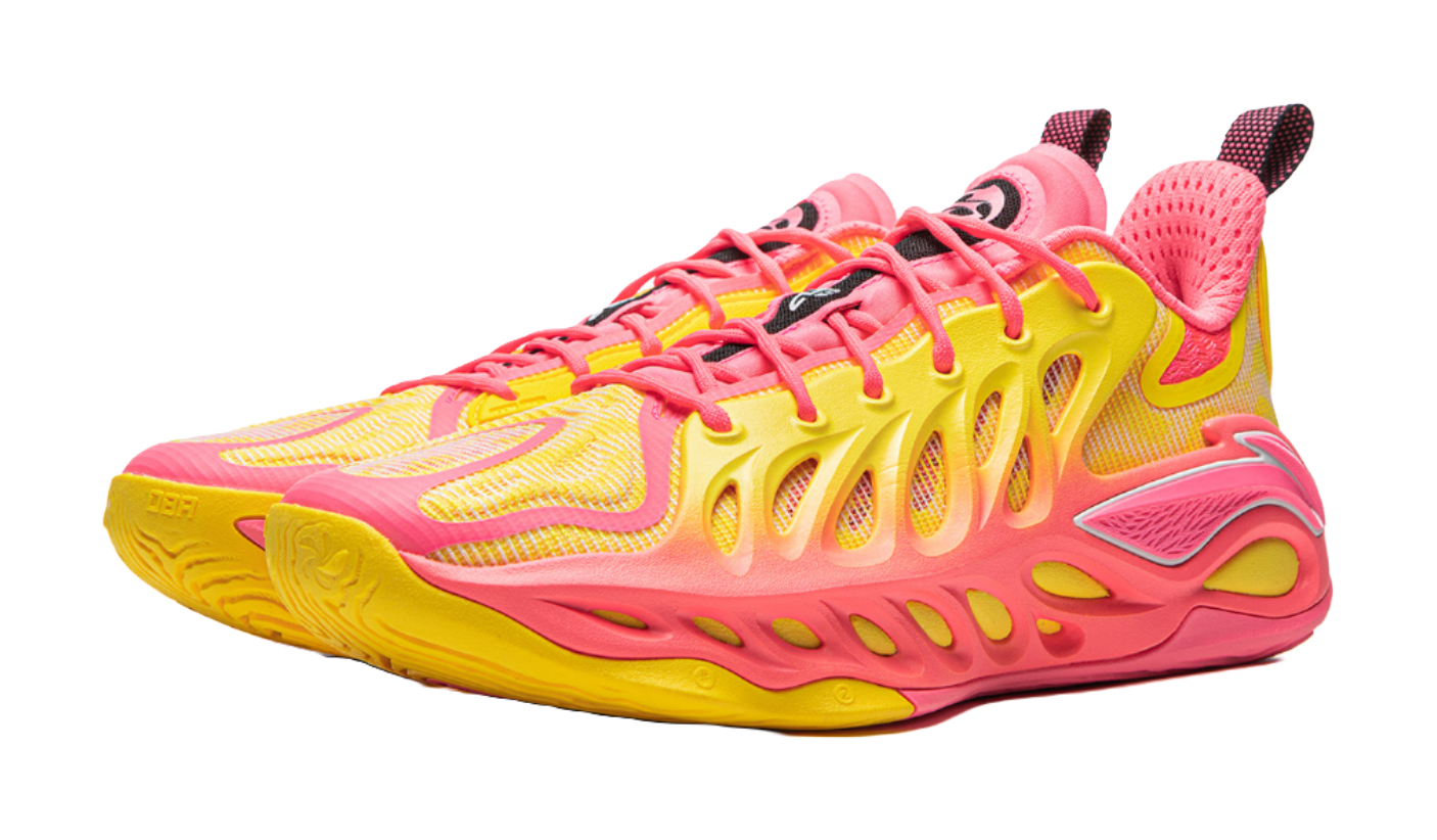 Unisex basketball shoe angled view, yellow-and-pink mesh upper with lace eyelets