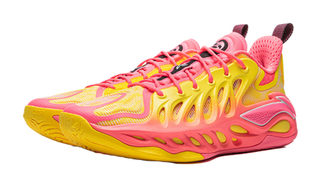Unisex basketball shoe angled view, yellow-and-pink mesh upper with lace eyelets