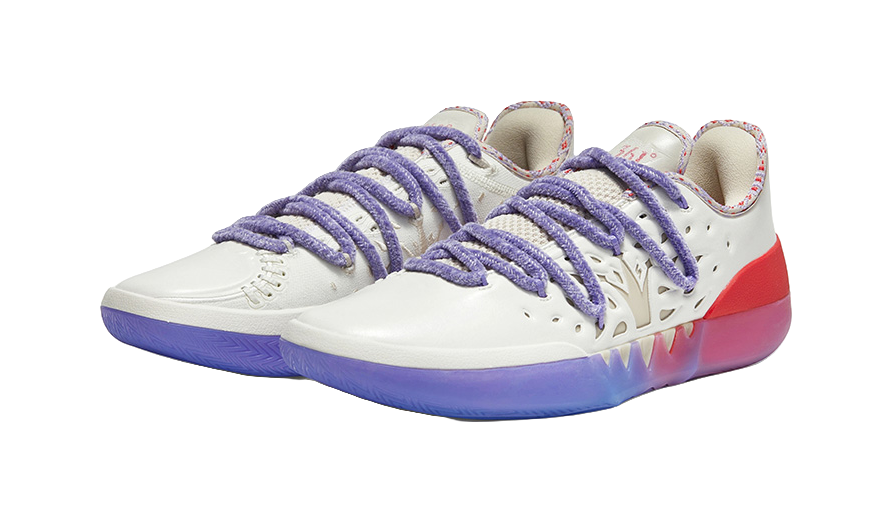 Pair of low basketball shoes, white with red heel and purple laces