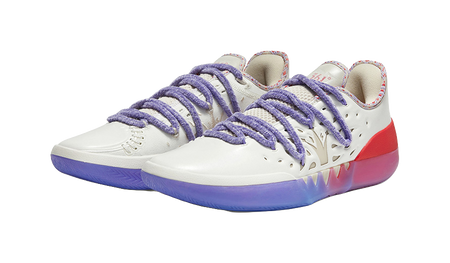 Pair of low basketball shoes, white with red heel and purple laces
