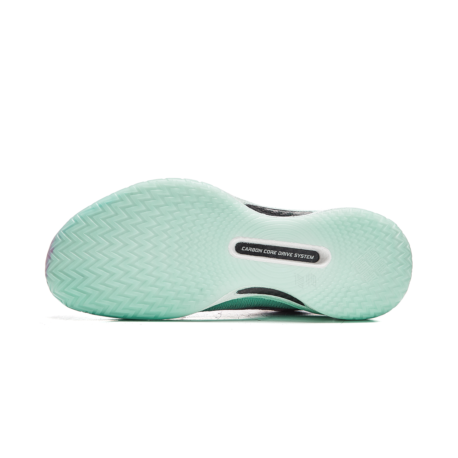 Unisex basketball shoe outsole in mint-green with patterned tread and logo label.