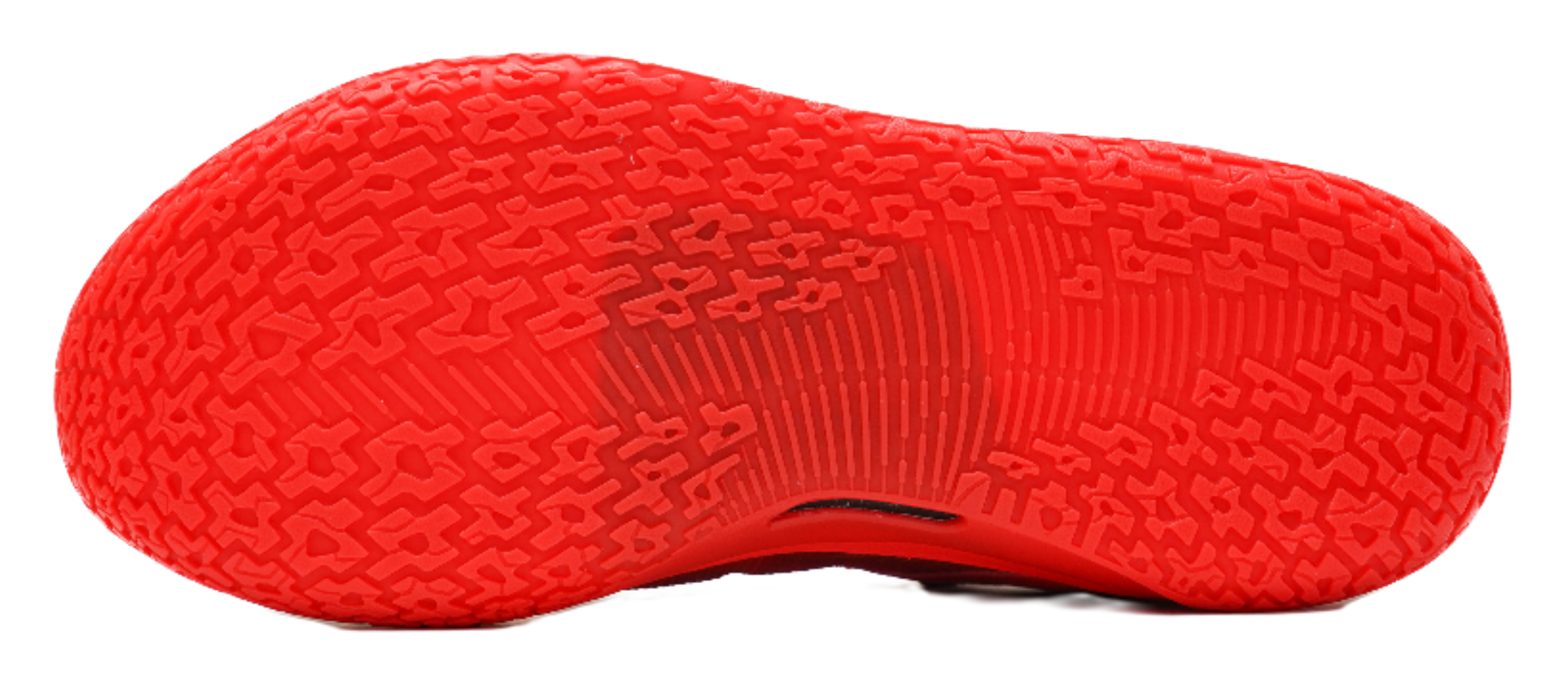 Red basketball shoe outsole with multidirectional traction pattern