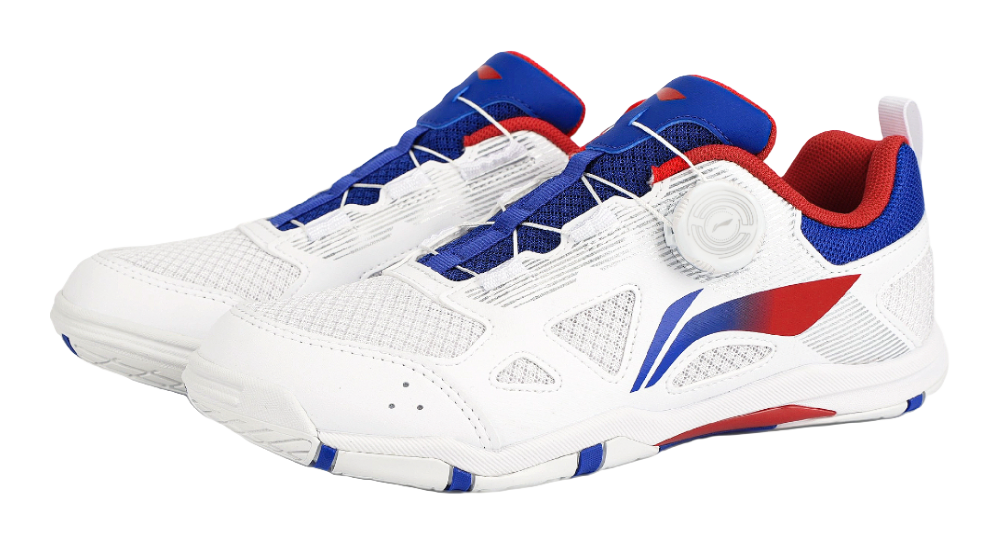 Pair of table tennis shoes: white uppers with blue panels and red heel accents