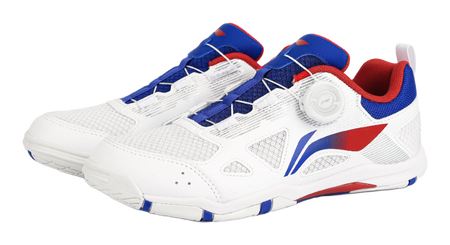 Pair of table tennis shoes: white uppers with blue panels and red heel accents