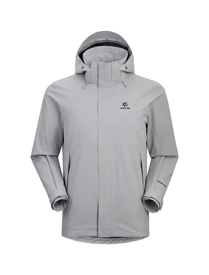 Men's hooded windbreaker jacket in light gray with full-length zipper and zip pockets