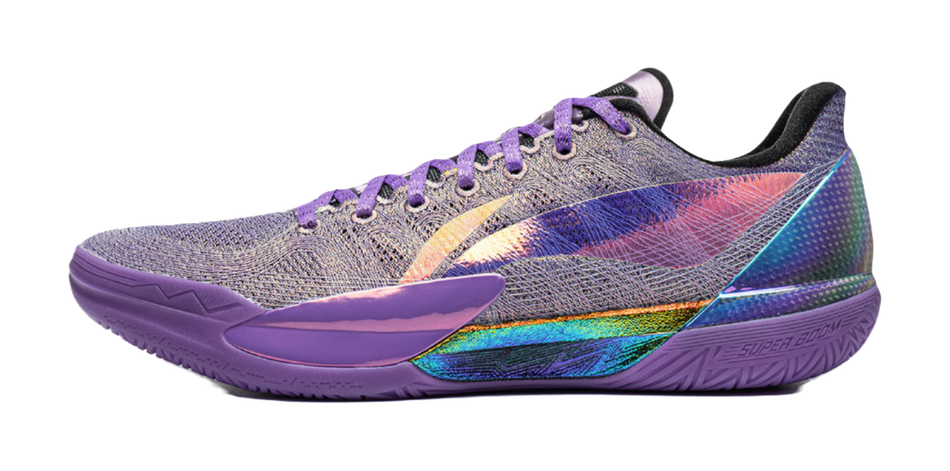 Low basketball shoe with purple mesh upper, iridescent graphics, and purple outsole