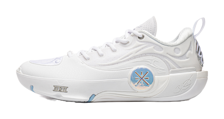 Li-Ning men's white low-top basketball shoe with lace-up front and blue logo accents