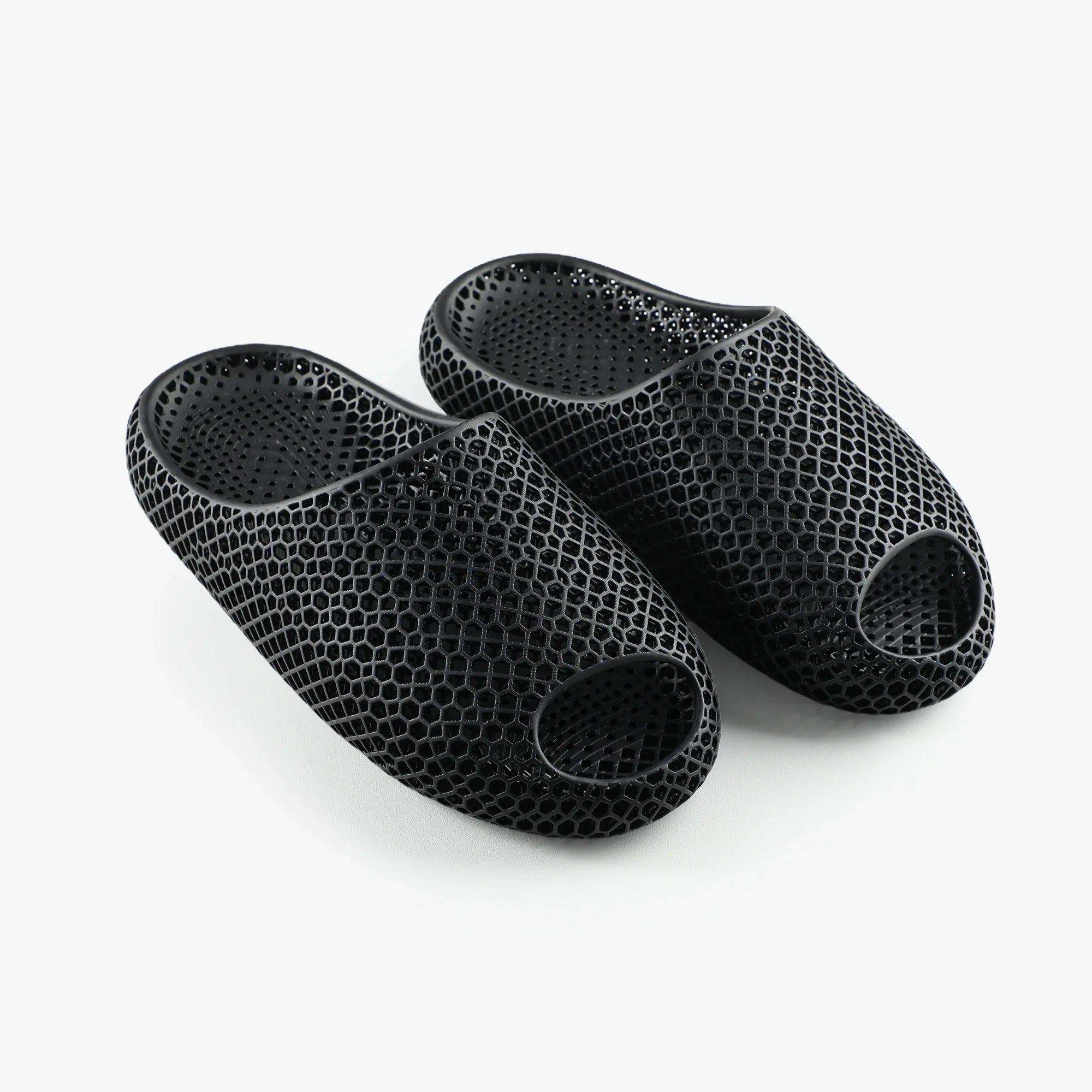 3D printed slippers, black with honeycomb texture and open toe design