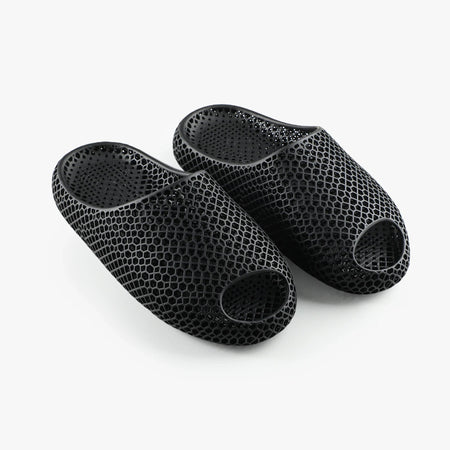 3D printed slippers, black with honeycomb texture and open toe design