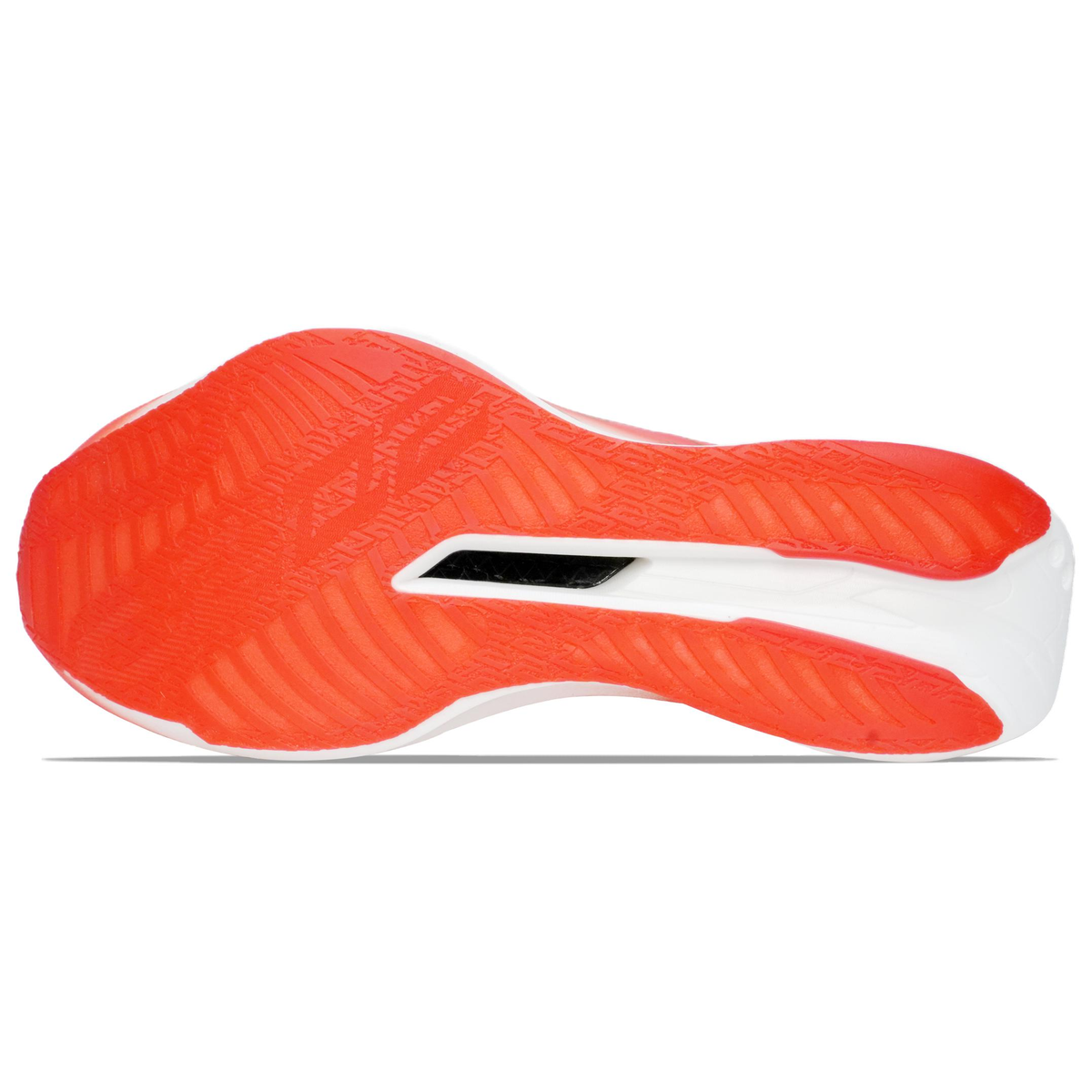 Women’s running shoes outsole with red traction pattern and white stability midsole