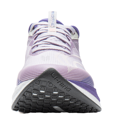 Lavender purple and white running shoe with white laces and striped midsole