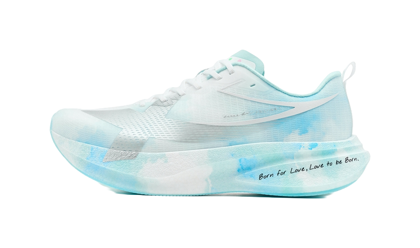 Men's low-top running shoes, white with light blue accents, lace-up.