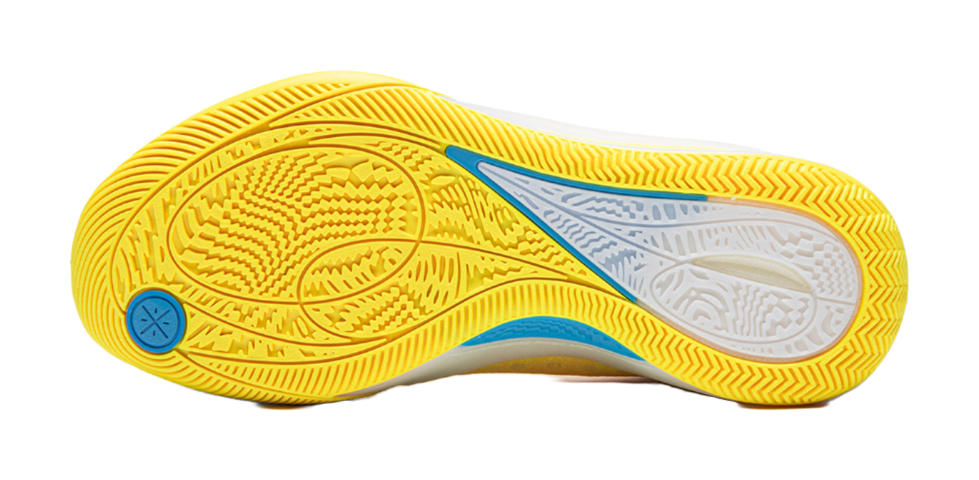 Li Ning low-top basketball shoe outsole, yellow tread with blue accent.