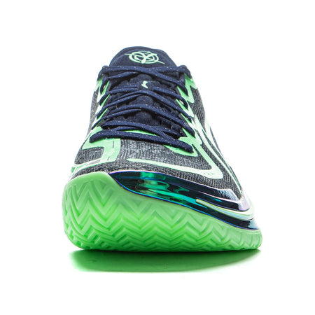 Basketball shoes toe view, dark navy laces with neon green graphics and thick sole.