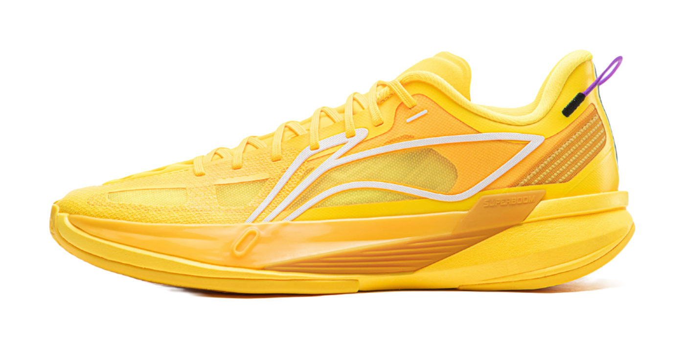 Yellow basketball shoe with white side accents and lace-up closure