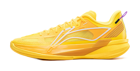 Yellow basketball shoe with white side accents and lace-up closure