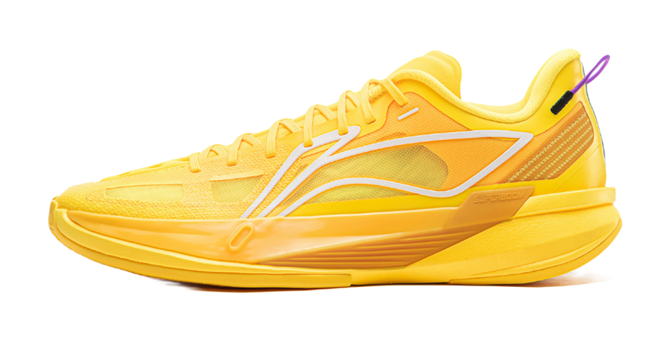 Yellow basketball shoe with white side accents and lace-up closure