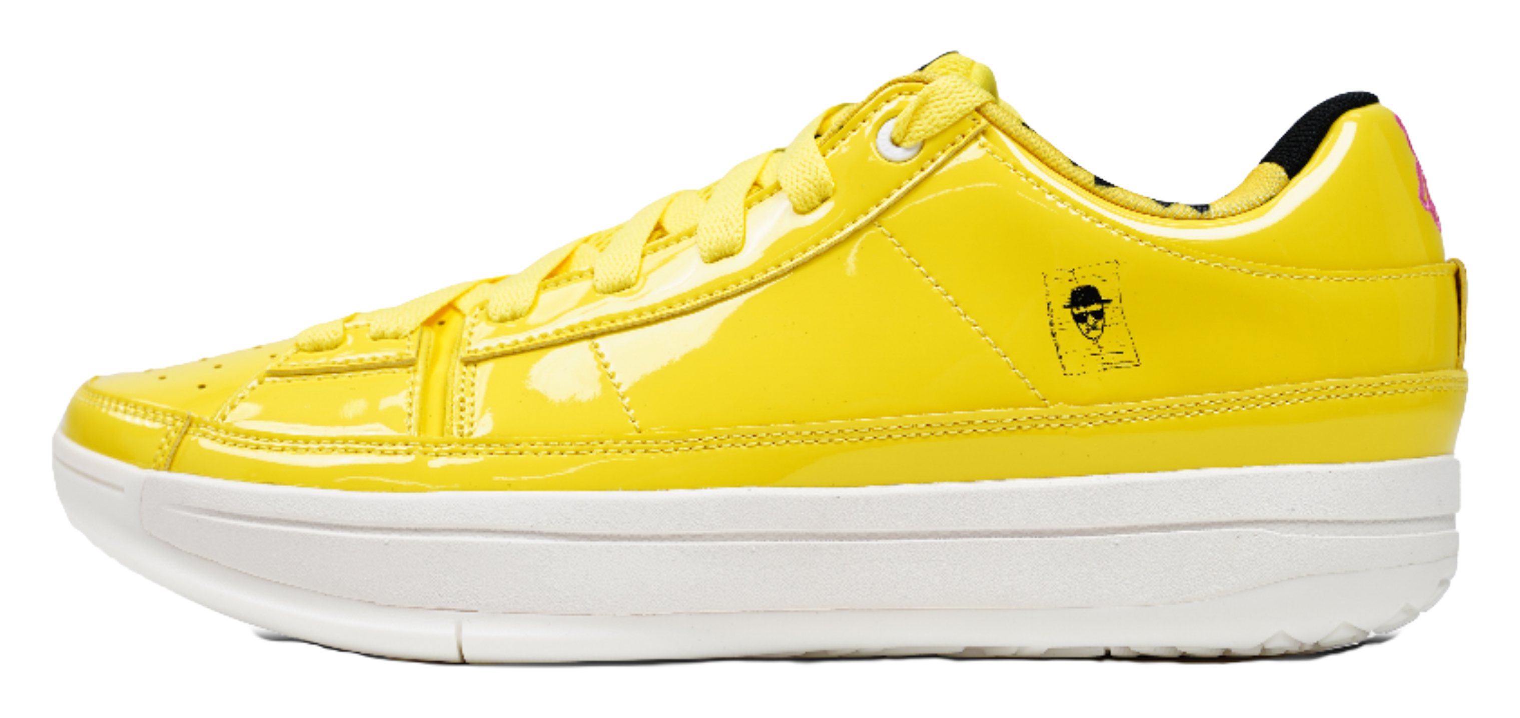 Yellow low-top basketball shoes with lace-up front and white rubber sole