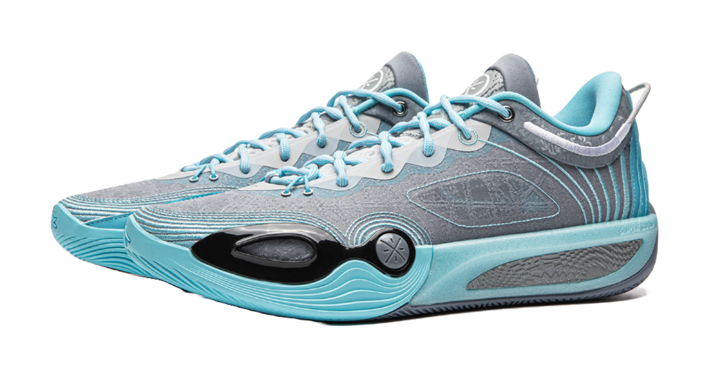 Men's low-top basketball shoe, angled front view, light blue upper and aqua outsole