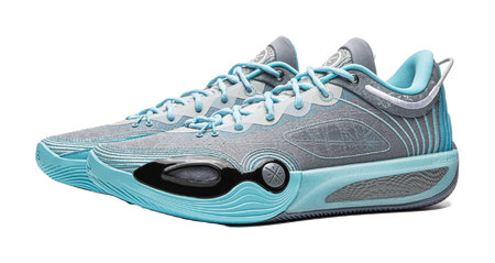Men's low-top basketball shoe, angled front view, light blue upper and aqua outsole