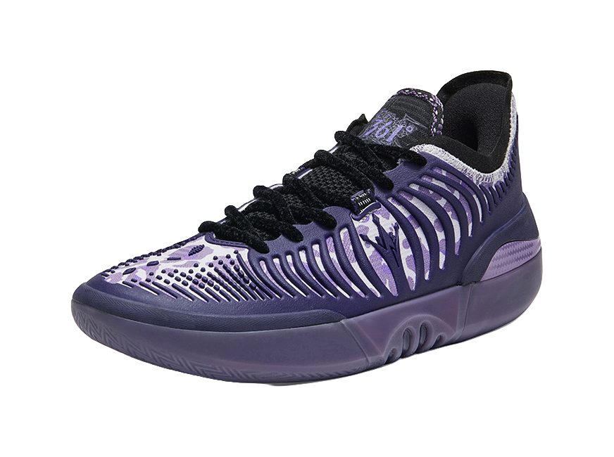 Purple low basketball shoe with black laces and vented striped side design