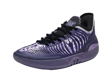 Purple low basketball shoe with black laces and vented striped side design