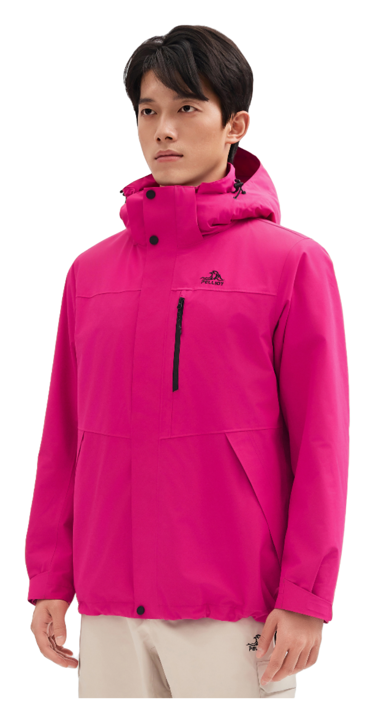 Men's magenta windbreaker jacket with hood, front zipper, and flap pockets