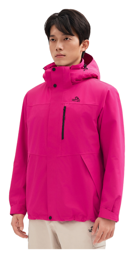 Men's magenta windbreaker jacket with hood, front zipper, and flap pockets