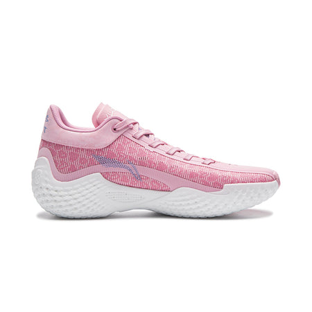 Pink lace-up basketball shoe side view with textured knit upper and white outsole