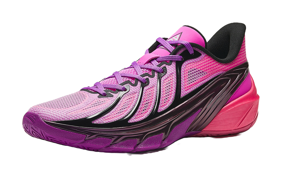 Men's low-top basketball shoes with fluorescent pink mesh upper and black side panels.