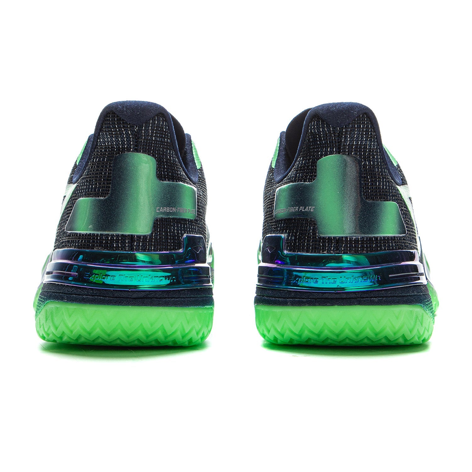 Basketball shoes heel view pair, dark navy back with neon green midsole and pods.