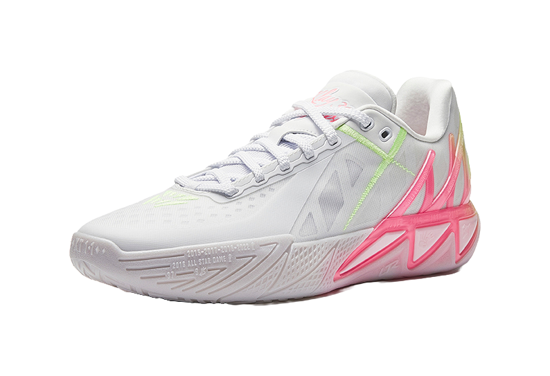 White basketball shoe side view with neon green stripe and pink midsole