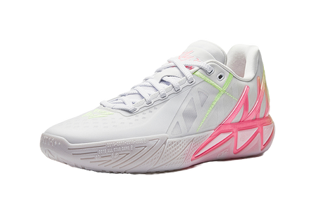 White basketball shoe side view with neon green stripe and pink midsole