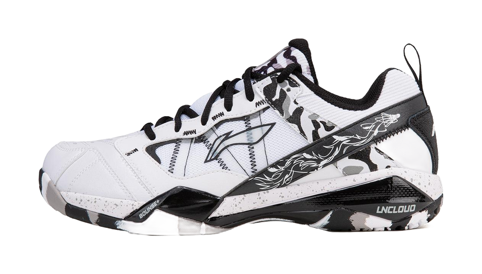 Unisex badminton shoe in white with black accents, camo print, and black outsole detail