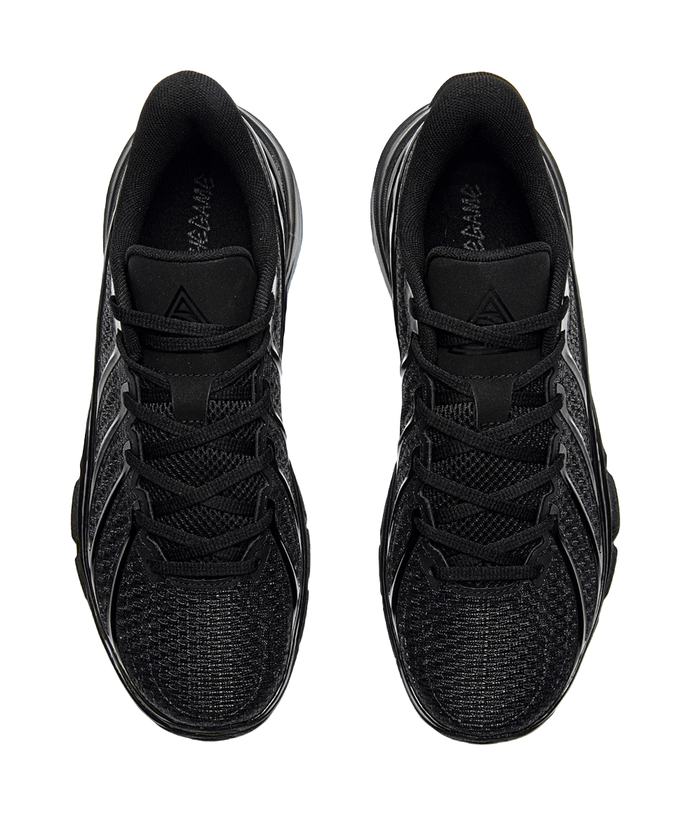 Pair of black low-top basketball shoes with lace-up vamps and padded collar