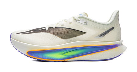 Champagne white running shoe with black logo accents and cushioned sole