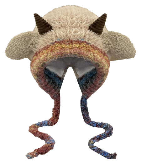 [Little Sheep Horn] IOTS will squeak when pinching the ears! Warm autumn and winter, soft and cute rainbow, dopamine cooling and windproof drawstring, double-layer cute and warm cartoon, niche polyester fiber woolen hat, unisex, couple style  vjsneaker.com