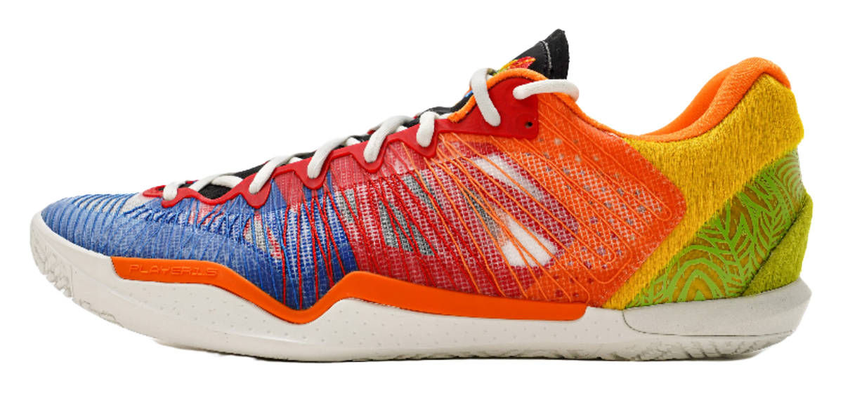 Multicolor low-top basketball shoes with white laces and textured knit upper