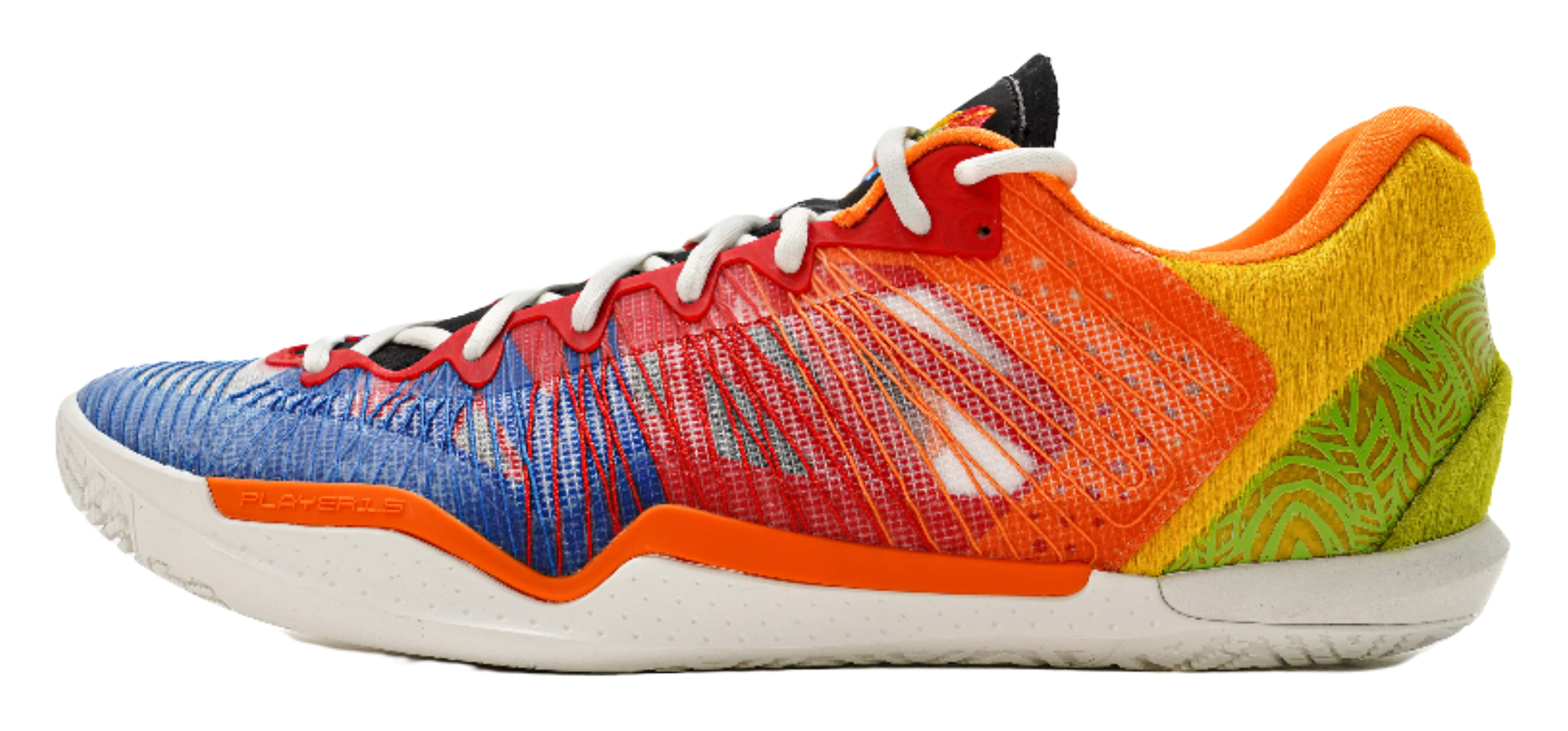 Multicolor low-top basketball shoes with white laces and textured knit upper