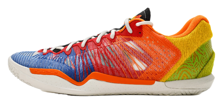 Multicolor low-top basketball shoes with white laces and textured knit upper