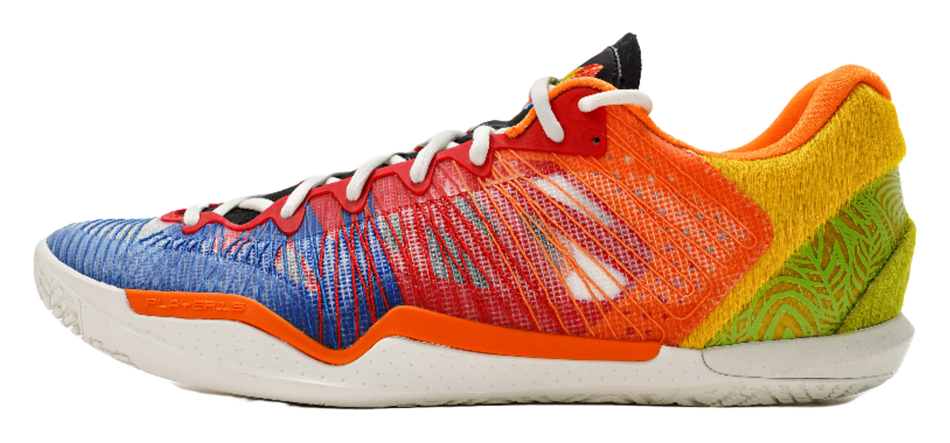 Multicolor low-top basketball shoes with white laces and textured knit upper